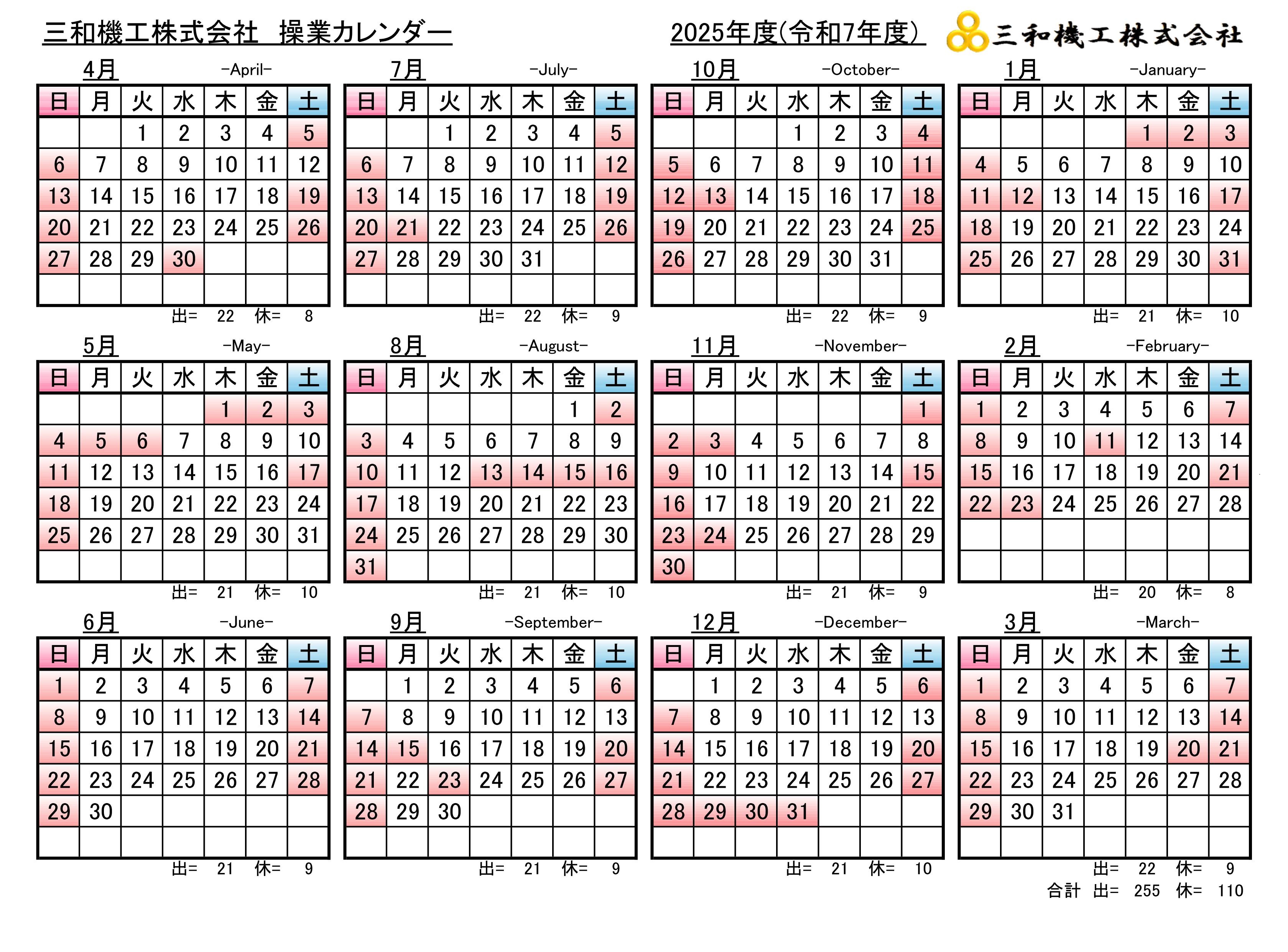 操業カレンダー2025